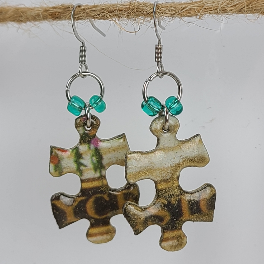 Adorable earrings,  made from Vintage puzzle pieces,  Script